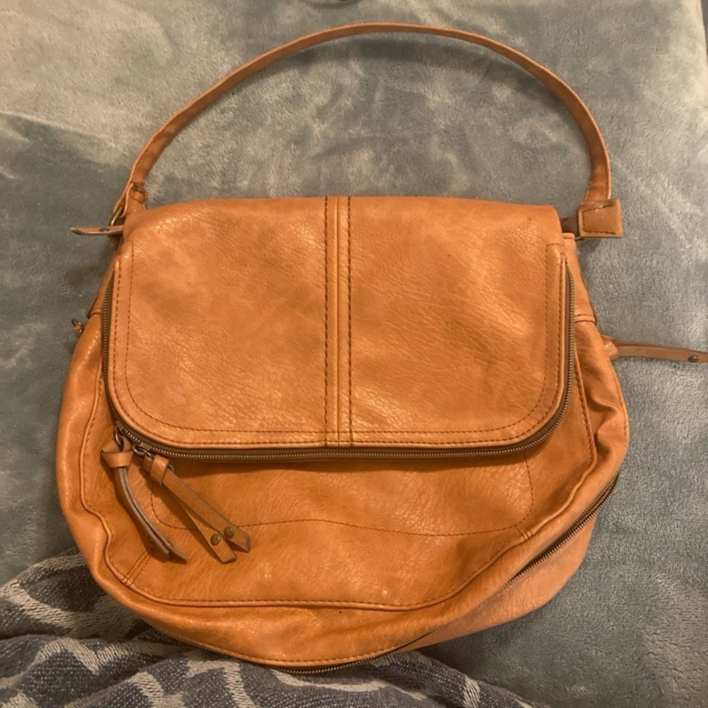 Tan Shoulder Bag with Suede Material and Crescent Shape